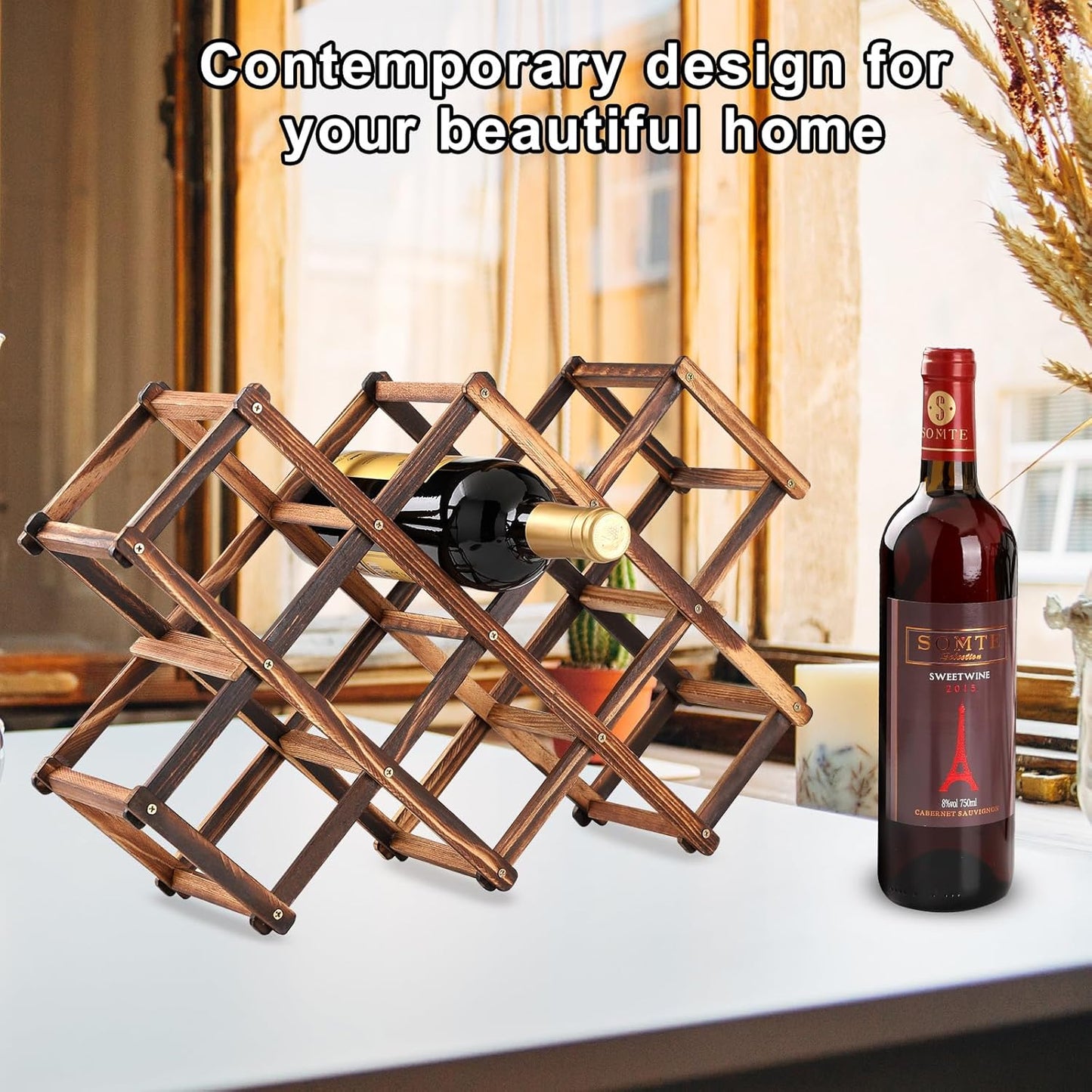 Freestanding Wine Rack, Holds up to 10 Bottles, Foldable Countertop & Cabinet Wine Holder – Wine Rack for Red Wine, Water Bottles, and Drink Storage, No Assembly Required