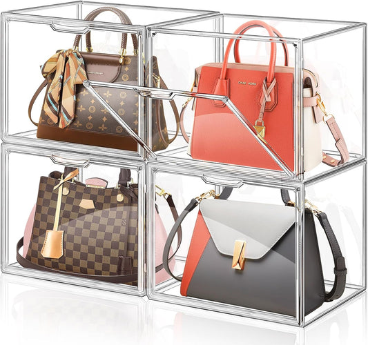ULENDIS 4 Packs Plastic Purse Storage Organizer for Closet, Clear Display Case for Purse and Handbag, Stackable Storage Boxes Organizer with Magnetic Door for Wallet Book Cosmetic Toys Display