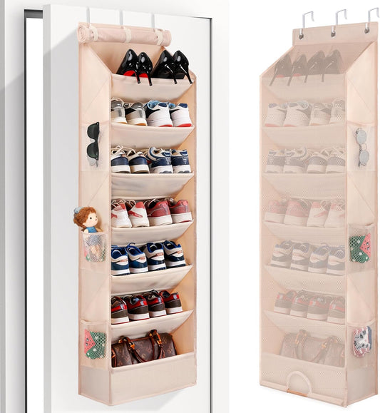7 Tier Over The Door Shoe Organizer, Hanging Shoe Rack for Closet with Dustproof Mesh Curtain & 6 Side Pockets, Behind The Door Narrow Shoe Holder Hanger for Sneakers, Boots (Beige)