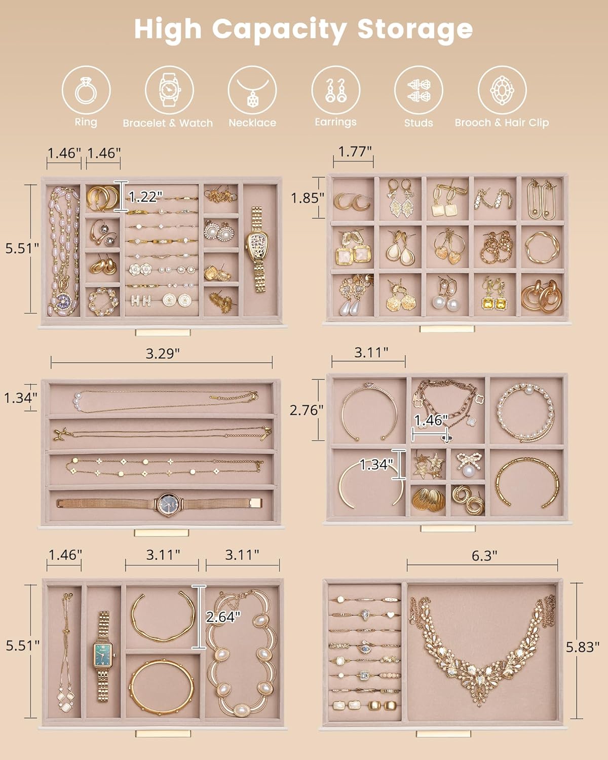 Lolalet Jewelry Box Organizer, 6-Layer Jewelry Organizers and Storage Case with Glass Lid, Ring Earring Bracelet Necklace Holder Organizer, Birthday Christmas Gifts for Women Girls -6Layer, Beige