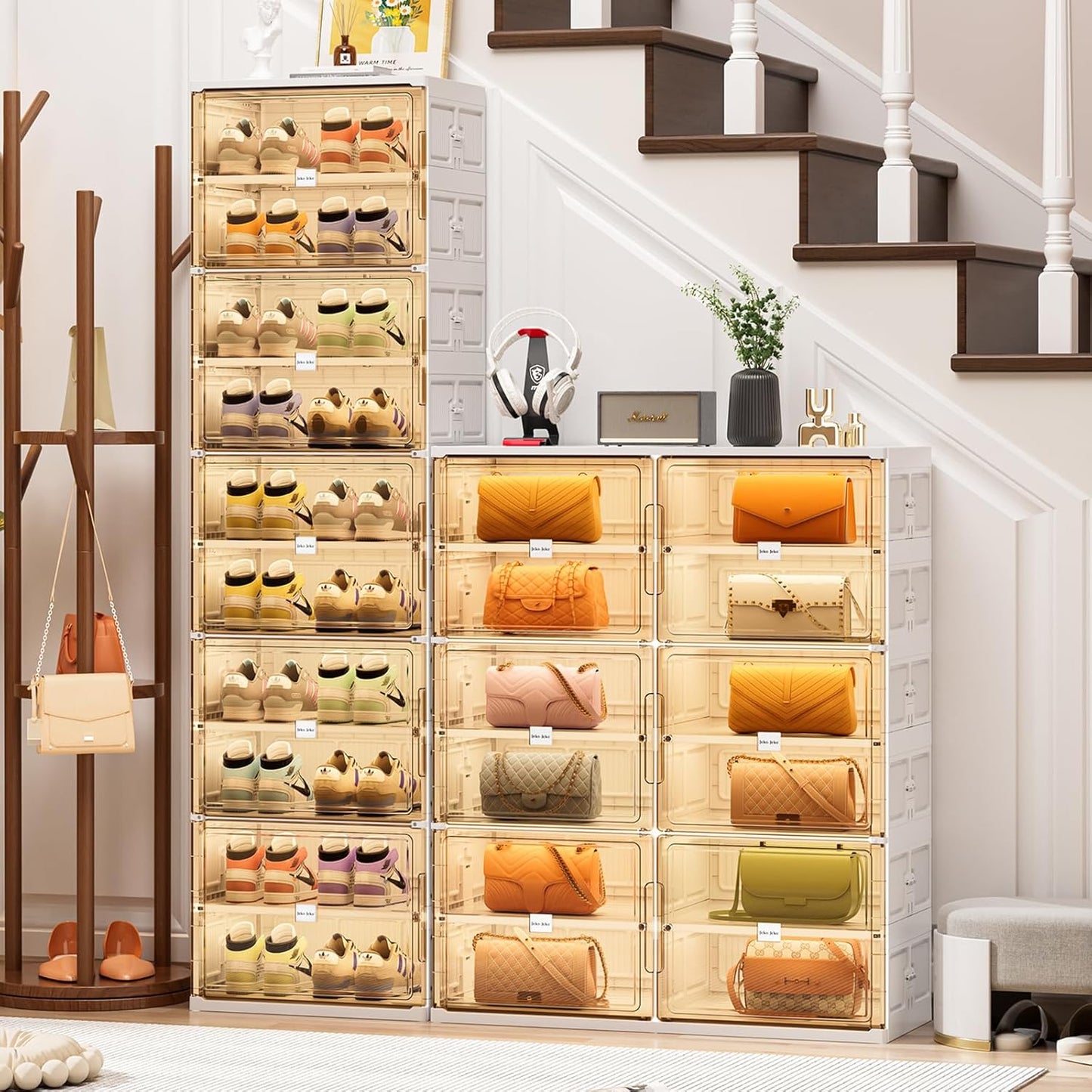 JEKO&JEKO 10 Tiers Foldable Shoe Rack Organizer Cabinet for Closet Entryway, Large Collapsible Shoe Storage Box with Magnetic Doors (White)