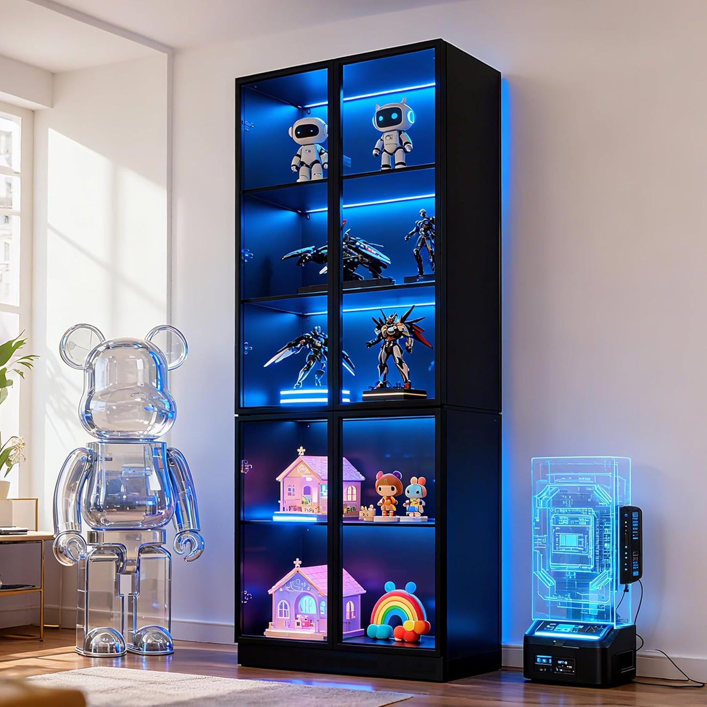 79'' Tall Glass Display Cabinet with LED Lights,Showcase with Glass Doors,5-Tier Curio Cabinet for Collectibles Bookcase,Storage Shelf, Bookcase (Black- 5 Layers, Large)