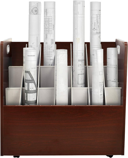 AdirOffice Adir Blue Print Storage Organizer - Mobile Roll File Cart, Construction Plan Holders, Blueprint Cabinet with Wheels, Roll Files Storage for Office and Home (21 Slots, Mahogany)