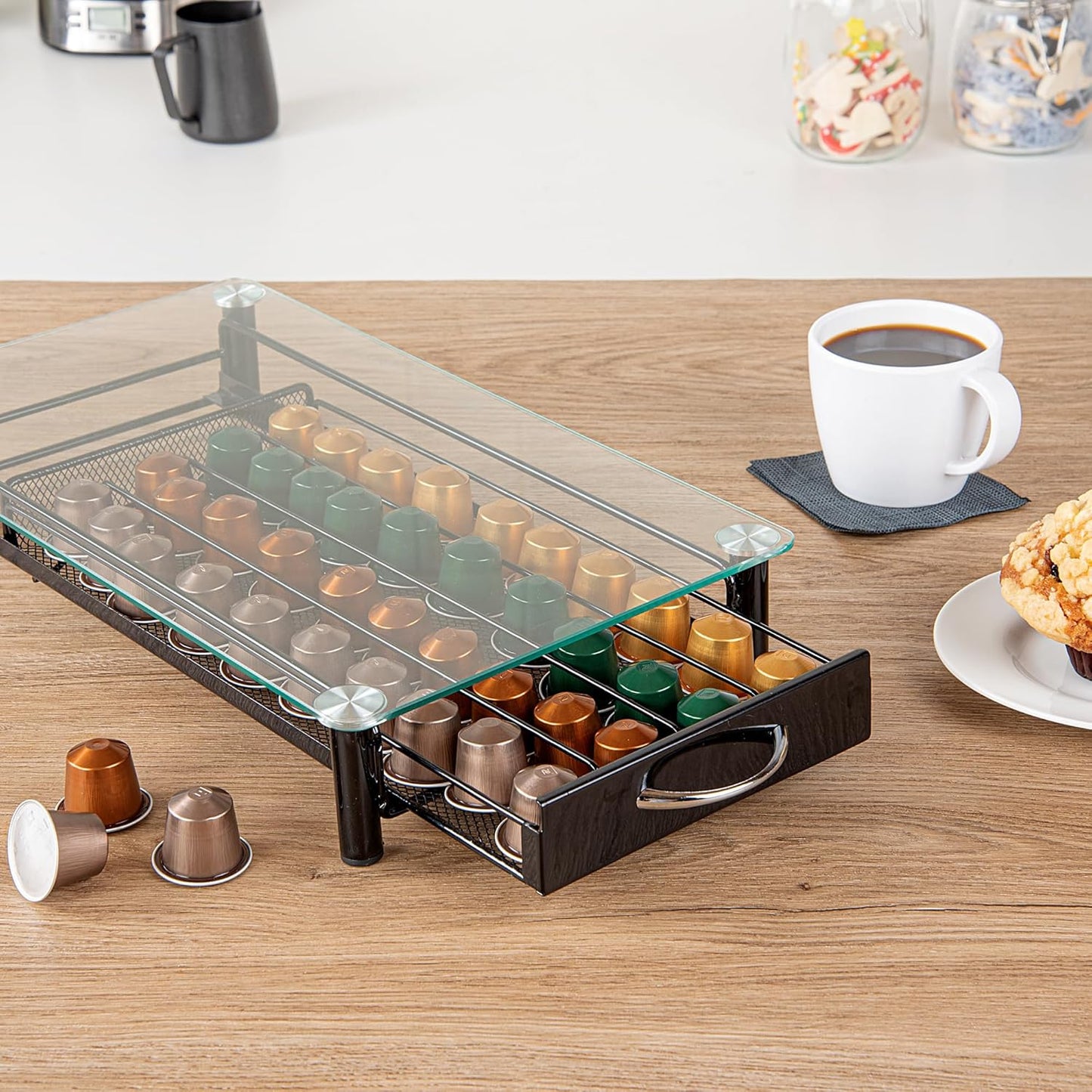 Restaurantware Restpresso 15.9 x 9.3 x 2.8 Inch Coffee Capsule Drawer 1 Heavy-Duty Pod Drawer - Holds 40 Nespresso Capsules Glass Top Iron Espresso Pod Organizer Mesh Tray Pods Not Included