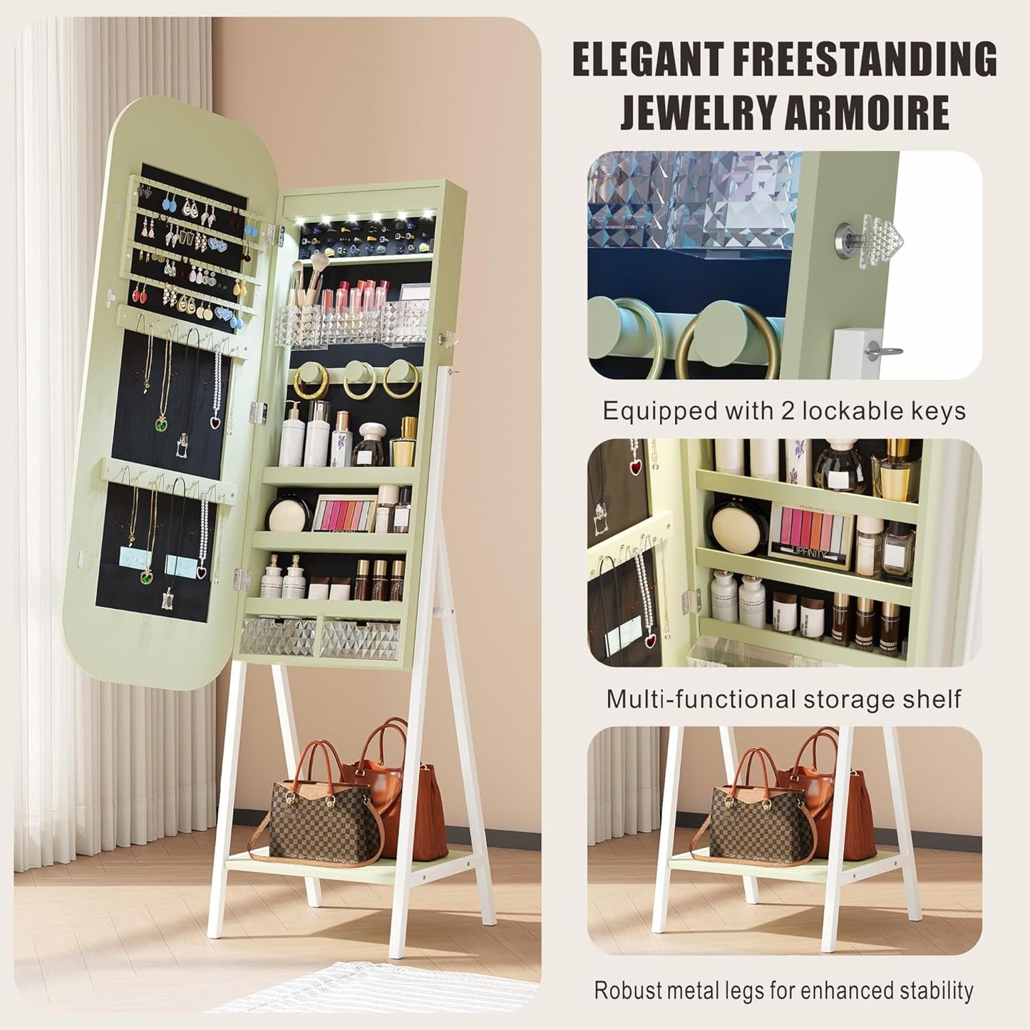 6 LED Mirror Jewelry Cabinet - Wall/Door Mounted Jewelry Armoire with Large Capacity - Lockable Tall Hanging Organizer - Cosmetic Storage & Gift Idea - Green