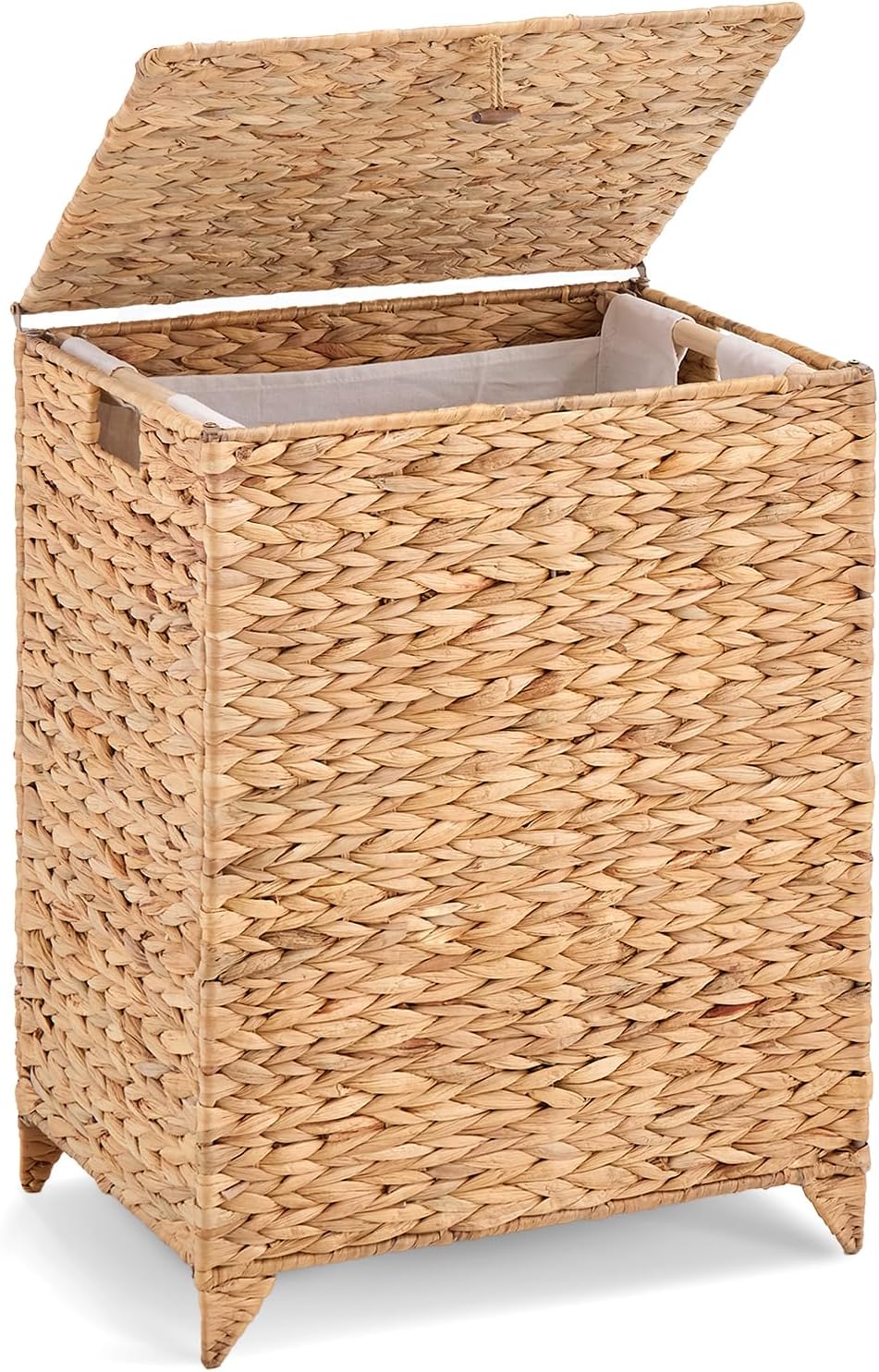 Large Laundry Hamper with Lid, Handwoven Hyacinth Rattan Clothes Hamper with Removable Liner Bag, Heightened Feet Wicker Laundry Basket for Bathroom, Bedroom, Living Room and Laundry