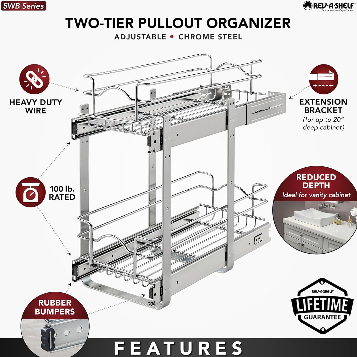 Rev-A-Shelf 2-Tier Kitchen Cabinet Pullout Shelf and Drawer Organizer Slide Out Pantry Storage Basket in Multiple Sizes, 12 x 18 In, 5WB2-1218CR-1