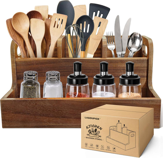 Kitchen Utensil Holder for Countertop with 4 Compartments Acacia Large Utensil Holder Wooden Storage for Cooking,Baking,Flatware Tool Kitchen Utensil Organizer