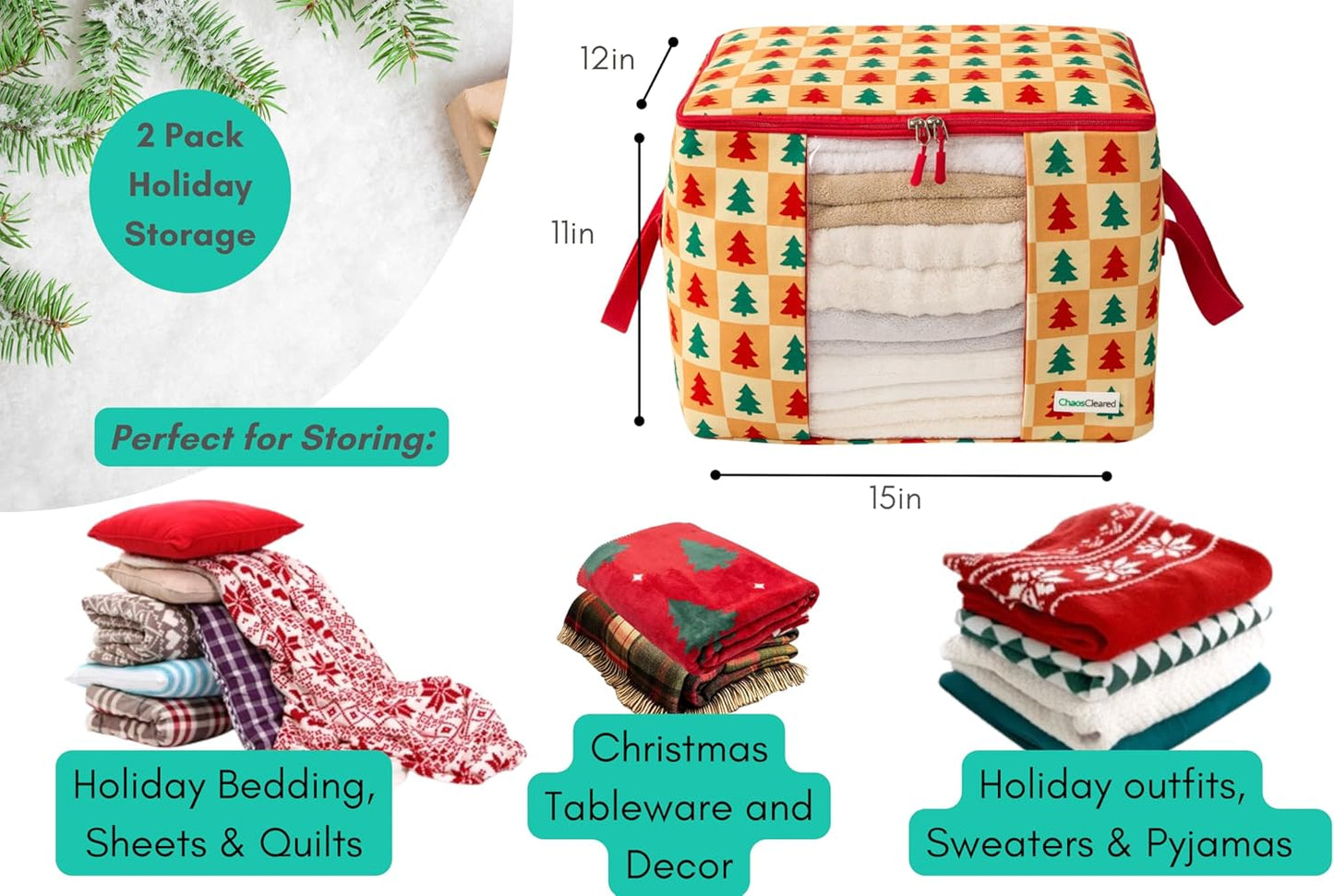 Designer Christmas Canvas Clothing Storage Bags 2 Pack Clothes Organizer bags for sweaters, clothing, garments, quilt, linens, large folding organizers with zip & window, moth proof space saver