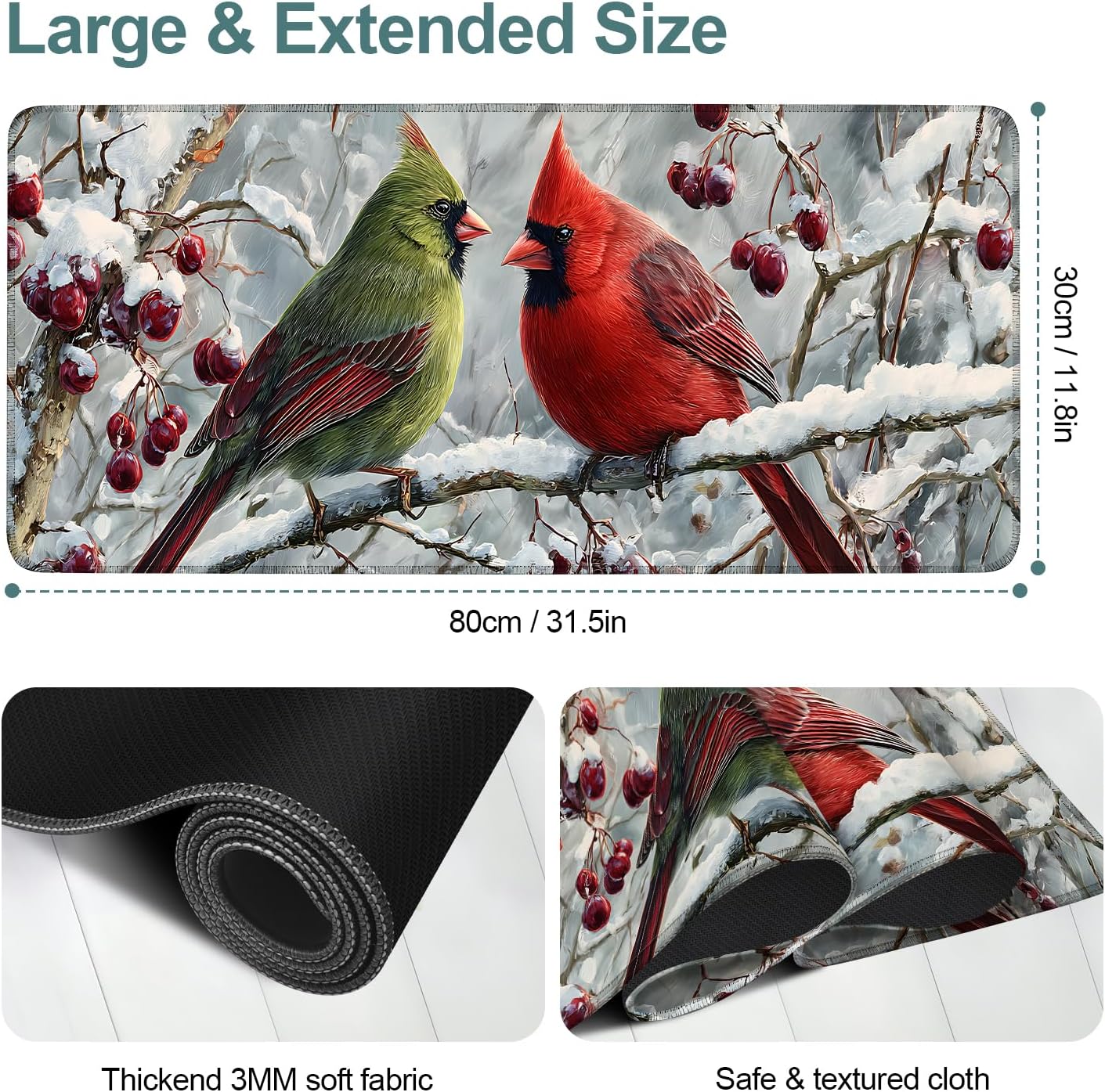 Winter Cardinal Bird Gaming Mouse Pad 31.5"x11.8"Desk Mat Anti-Slip Rubber Base & Durable Stitched Edges for Gamers Smooth Mouse Writing Surface for Desk Office/Home