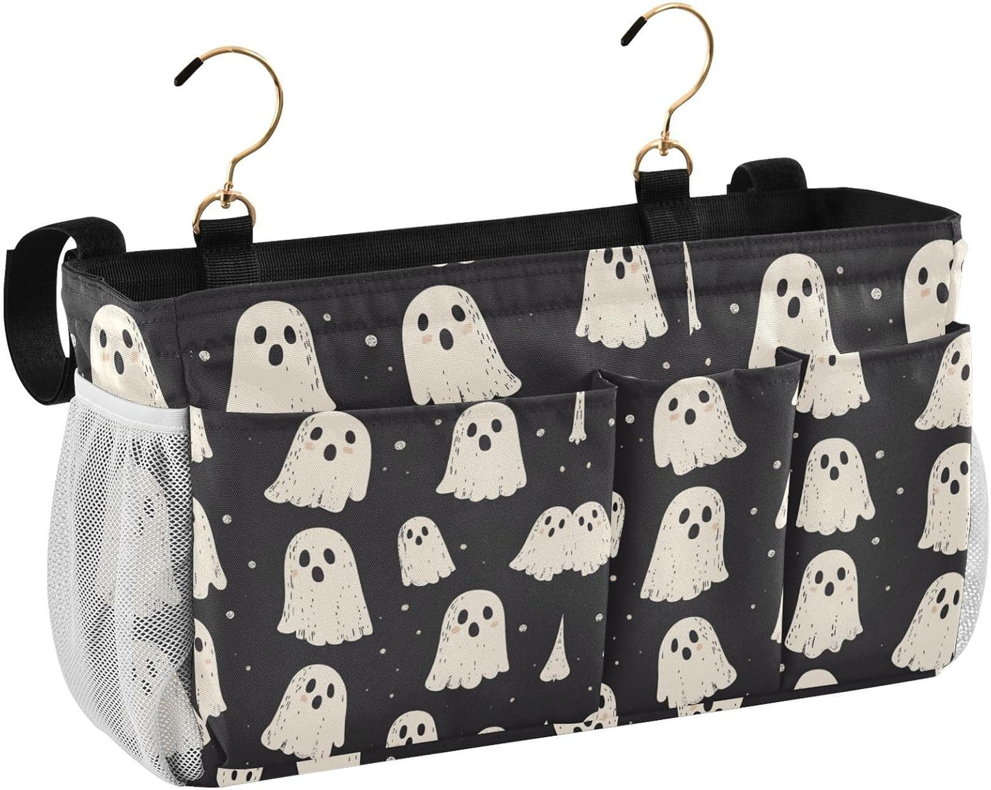 Cute Halloween Ghost Blacck Bedside Caddy for Dorm Bed Bedside Hanging Caddy Bag Iron Frame Storage Organizer Pocket for Bunk Home College Hospital Beds 2 Hooks