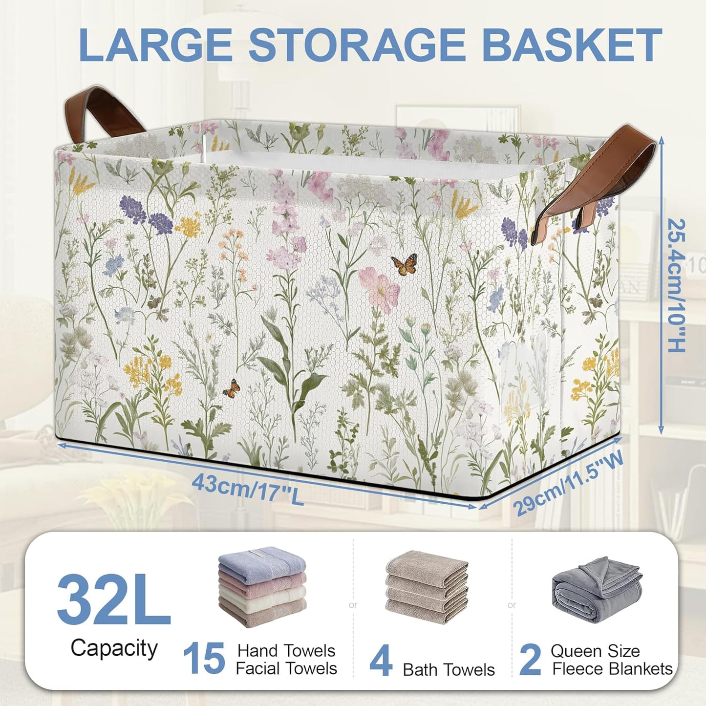 Wildflowers Butterfly Storage Baskets,Plants Botanical Foldable Large Capacity Organizer Bins with Waterproof Lining and Leather Handles for Closet,Shelf,Bedroom 17x11.5x10Inch