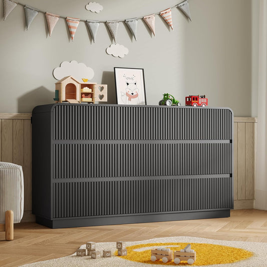 Dresser for Bedroom with 9 Drawers, Fluted Chest of Drawers with Round Curved Corner, Hidden Handles, Modern Wood Storage Organizer for Bedroom, Nursery, Living Room