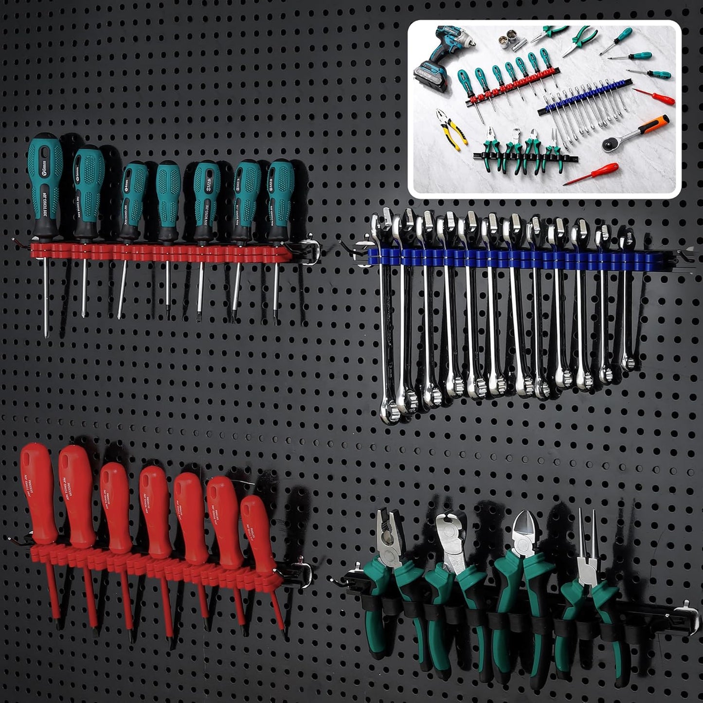 2 Pack Wall-Mounted Screwdriver Organizers with Screws - Heavy-Duty ABS Plastic Tool Holder for Screwdrivers, Wrenches, Piers - Garage Workshop Storage (Black,2 PCS)