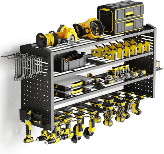 Tomorotec 4-Layer Wall-Mounted Power Tool Storage Rack, Heavy-Duty Steel Drill Organizer with Adjustable Shelves & Side Hooks for Toolbox, Easy Installation Garage & Workshop Storage (Black)