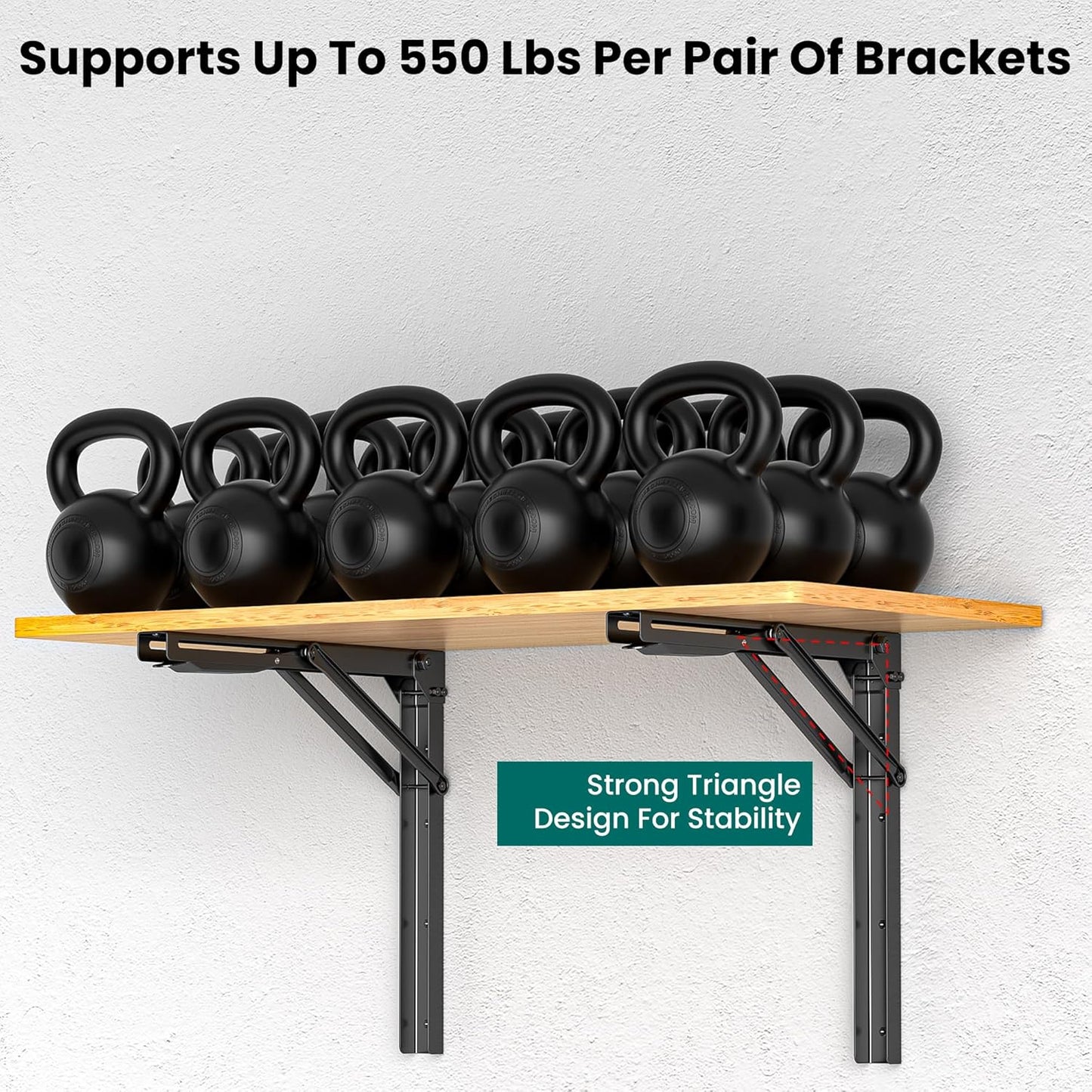 EVERHANGER 18 inch Folding Shelf Brackets for Garage, Heavy Duty Collapsible Shelf Bracket Steel Wall Mounted Table Brackets (Pack of 2, No Board)