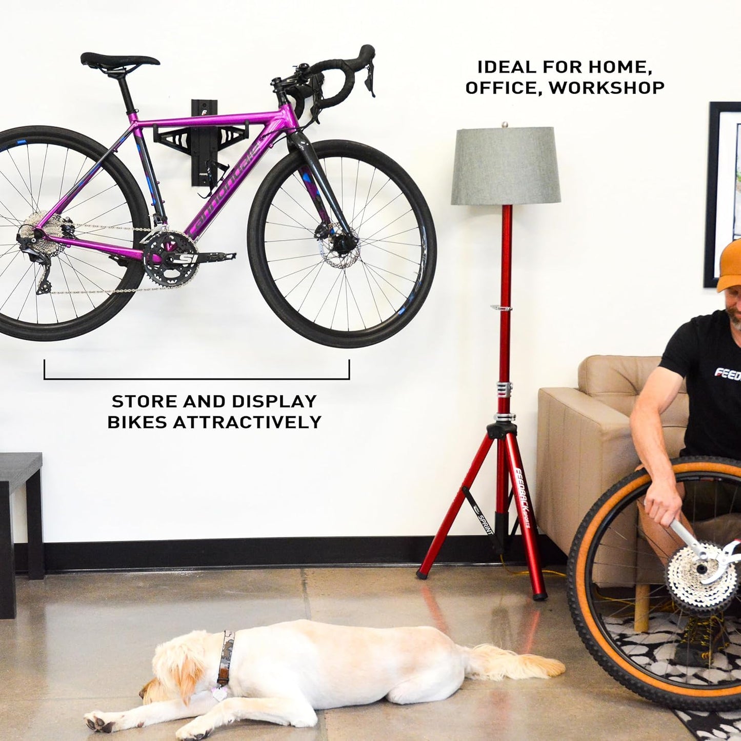 FEEDBACK SPORTS | Velo Wall Rack Bike Storage | Bicycle Hanger Mount W/Adjustable Arms | Road, Gravel, Mountain Bike Compatible | For Garage, Apartment, Shed | Black