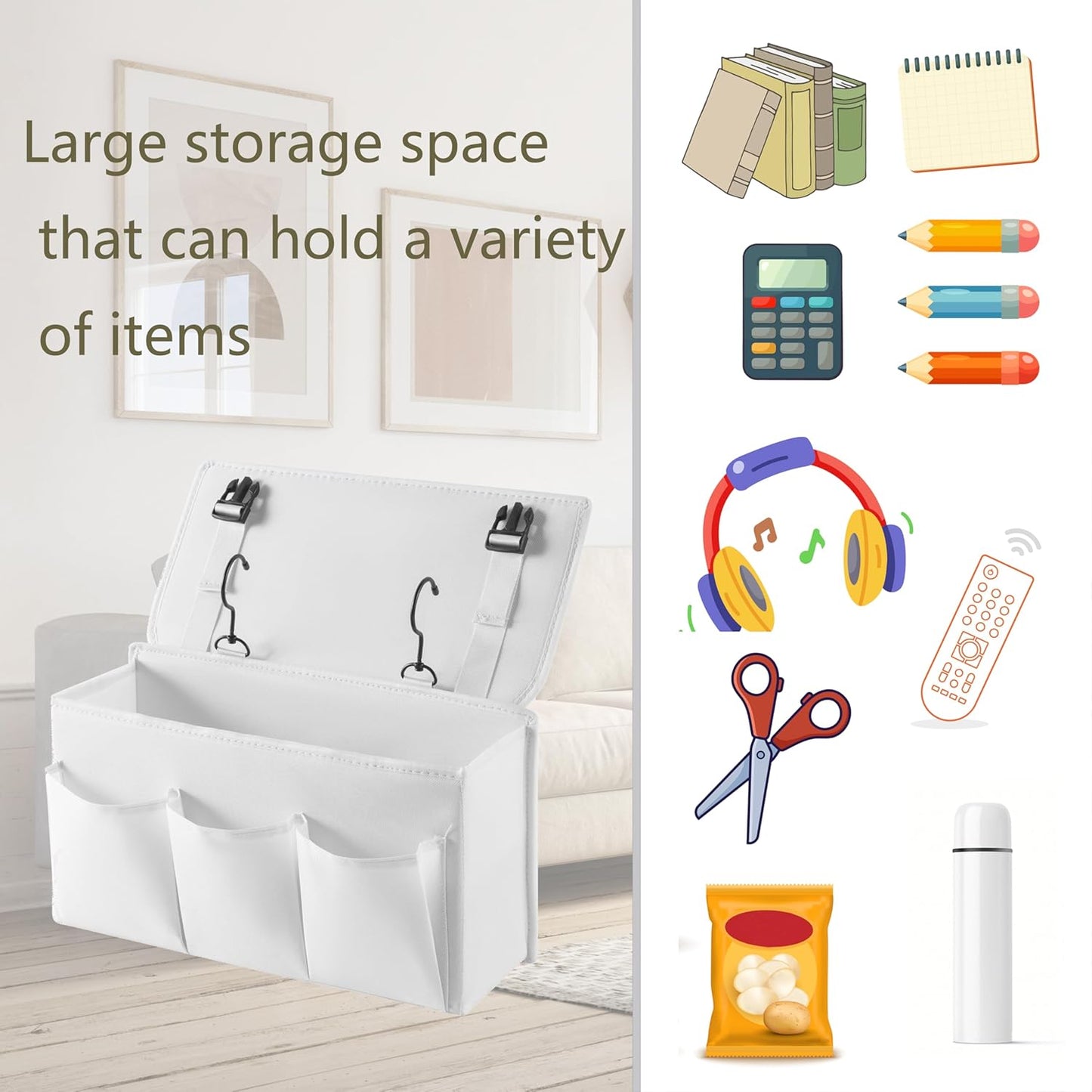 Bedside Caddy Bedside Storage Organizer,Bed Caddy With Thickened Material Suitable for Homes, Dormitories, Hospitals, Cribs, RVs，Great for Magazines,Books,Remote, Phone (white)