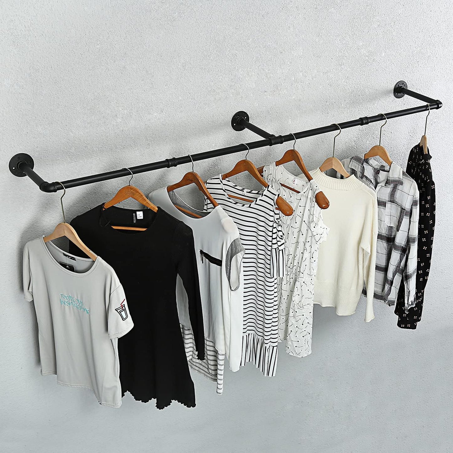 Industrial Pipe Clothes Rack, Heavy Duty 60inch Iron Garment Rack Wall Mounted, Metal Rustic Saving Space Clothes Bar Multi-Purpose Hanging Rod for Bedroom,Closet,Laundry Room and Plants hanging