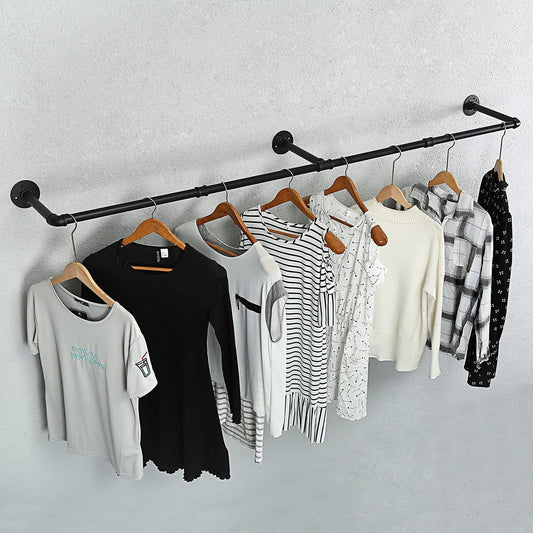 Industrial Pipe Clothes Rack, Heavy Duty 60inch Iron Garment Rack Wall Mounted, Metal Rustic Saving Space Clothes Bar Multi-Purpose Hanging Rod for Bedroom,Closet,Laundry Room and Plants hanging