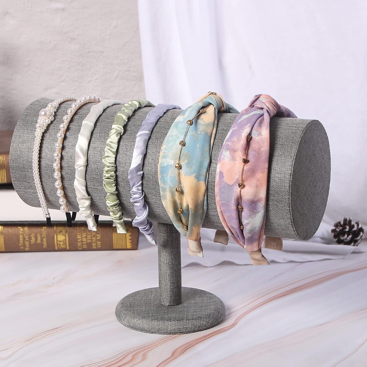 T-Bar Headband Holder Organizer for Show, Soft Velvet Hairband Stand Display, Hair Hoop Accessories Jewelry Storage for Home Bedroom (Gray Linen)