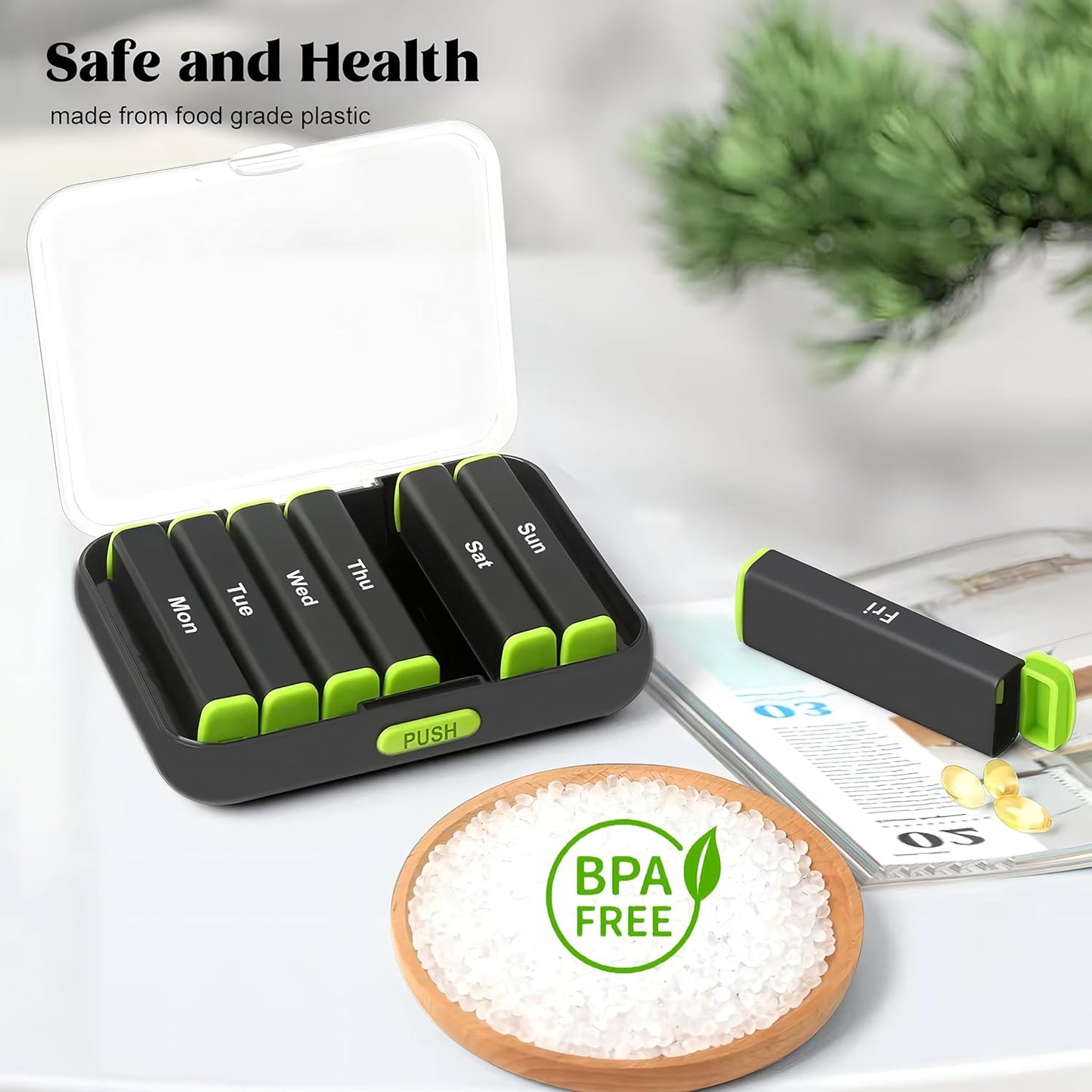 N&S Store 7-Day Pill Organizer, Weekly Medication Storage, Compact, Durable, Portable, Water-Proof, Eco-Friendly, Easy Refill (Black & Rainbow Lid)
