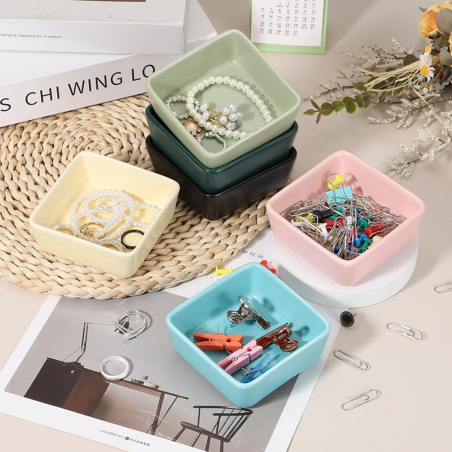 PATIKIL Square Paper Clip Holders, Ceramic Bowl Dish Clip Dispenser Organizer Desk Organizer Accessories for Office Desktop Decor Bobby Pin Binder Paper Clamp, White