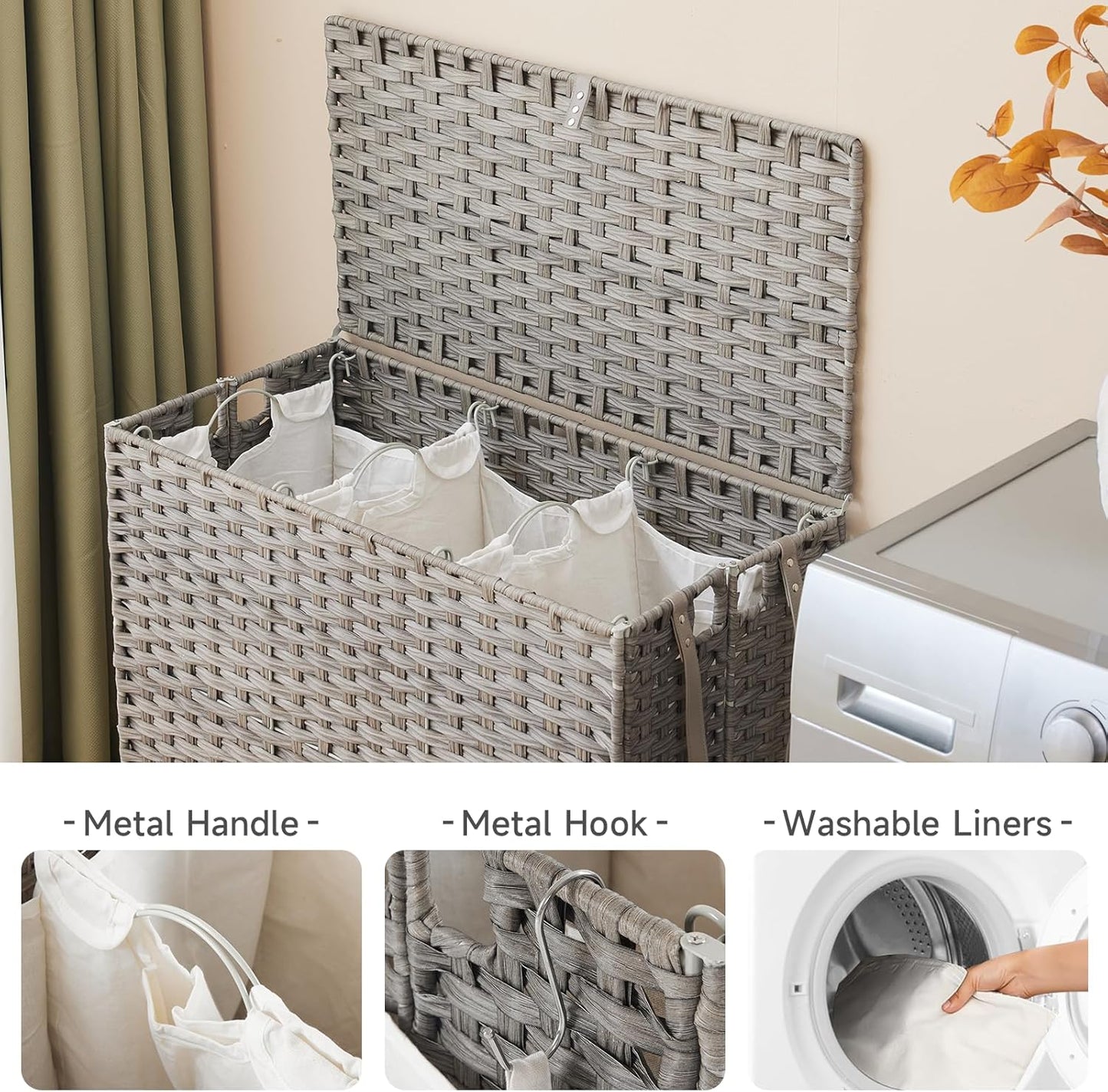 Laundry Hamper with Wheels, 39.6 Gallon(150L) Rolling Laundry Basket with Lid, 3-Section Rattan Clothes Hamper with 3 Removable Liner & 3 Mesh Bags, Laundry Sorter with Side Pocket, Grey
