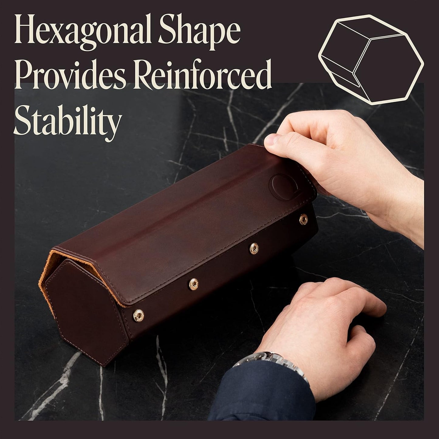 QWATCHBANDS Napa Leather Watch Rolls for Men - Hexagon Triple Watch Roll Travel Case for 3 Watches - Storage Organizer Genuine Leather with Velvet Interior Display (Brown/Tan)