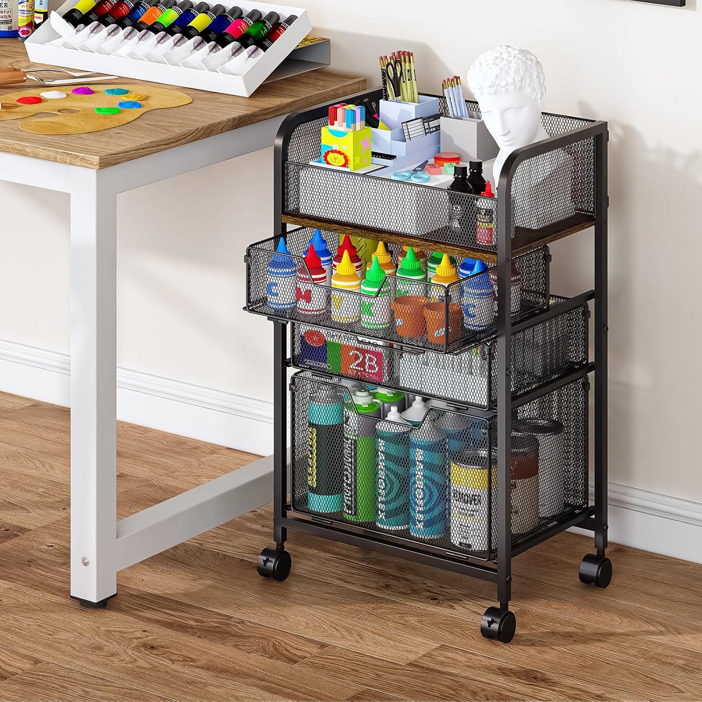4-Tier Rolling Utility Cart with 3 Drawers - Craft Organizers and Storage with 360° Lockable Wheels,Art Supply Storage Organizer for Art Supplies, Store for Brushes & Paints & Artifacts Small Parts