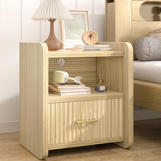 Night Stand with Charger Station, Fluted Wood Nightstand with Drawer Storage, Modern Bedside Table, Wide Nightstands for Bedroom, Mid Century Wooden Night Stands for Home Office Sofa Couch