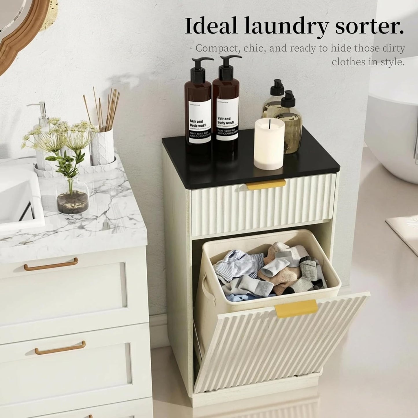 Tilt-Out Trash Cabinet, White Laundry Hamper Cabinet with Black Top, 34.3 x 19 x 13.8 inches, 10 Gallon Capacity, Wave-Textured Front, Storage Drawer.