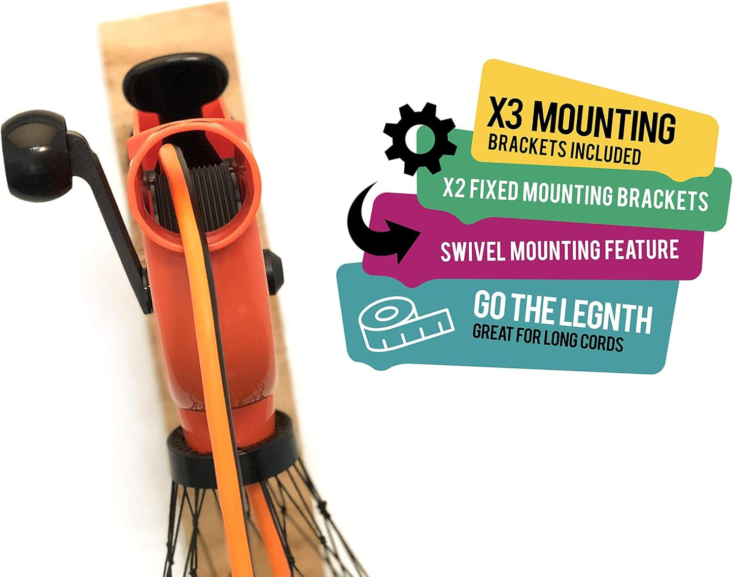 Extension Cord Winder Organizer, Transportable from Wall to Wall with 2 Fixed and 1 Swivel Wall Mount
