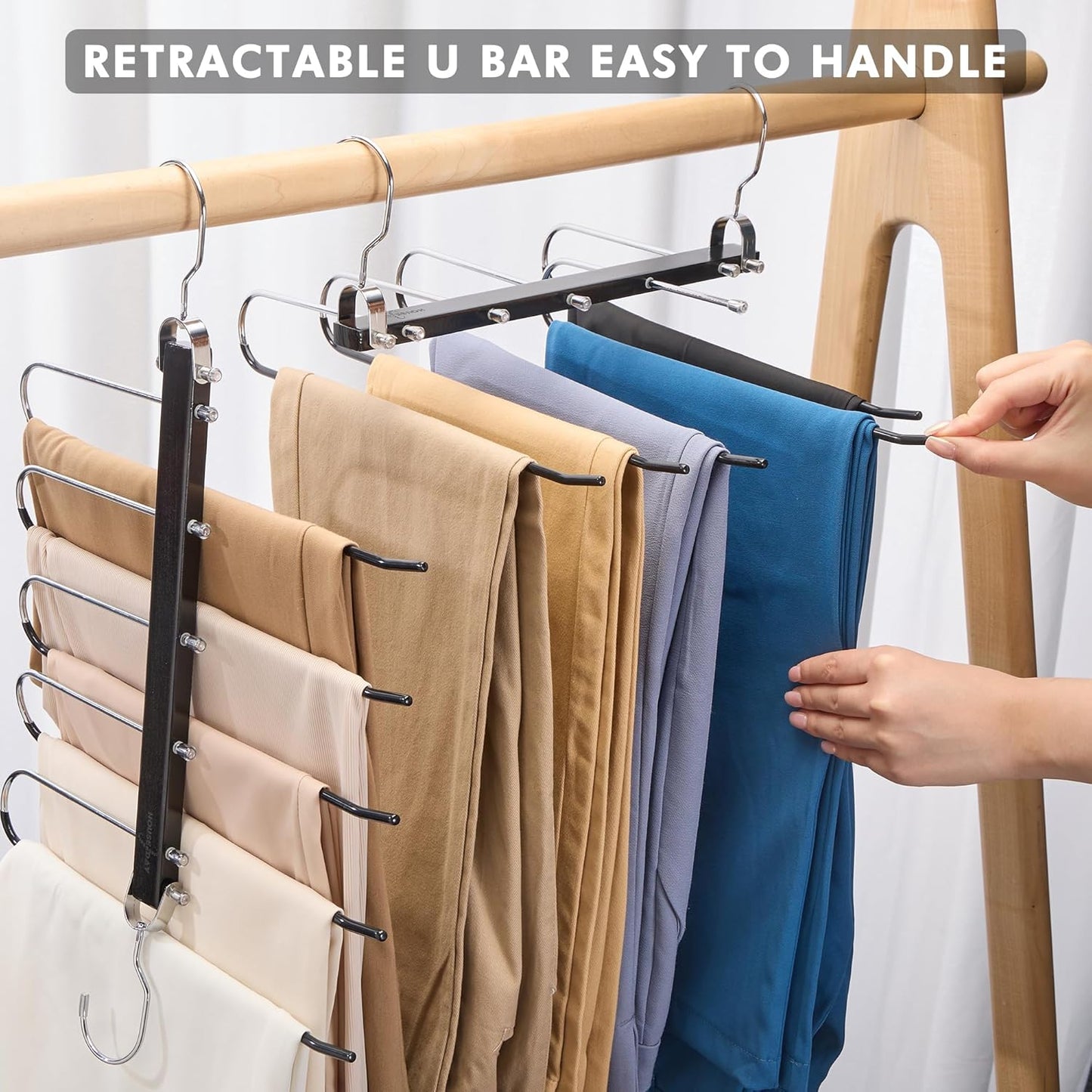 HOUSE DAY Pants Hangers Space Saving, Wood Jean Hangers for Closet, Non Slip Multi Functional Pants Rack Hanger Multiuse Pant Organizer for Closet Space Saving Hangers for Pants (4PACK, Black)