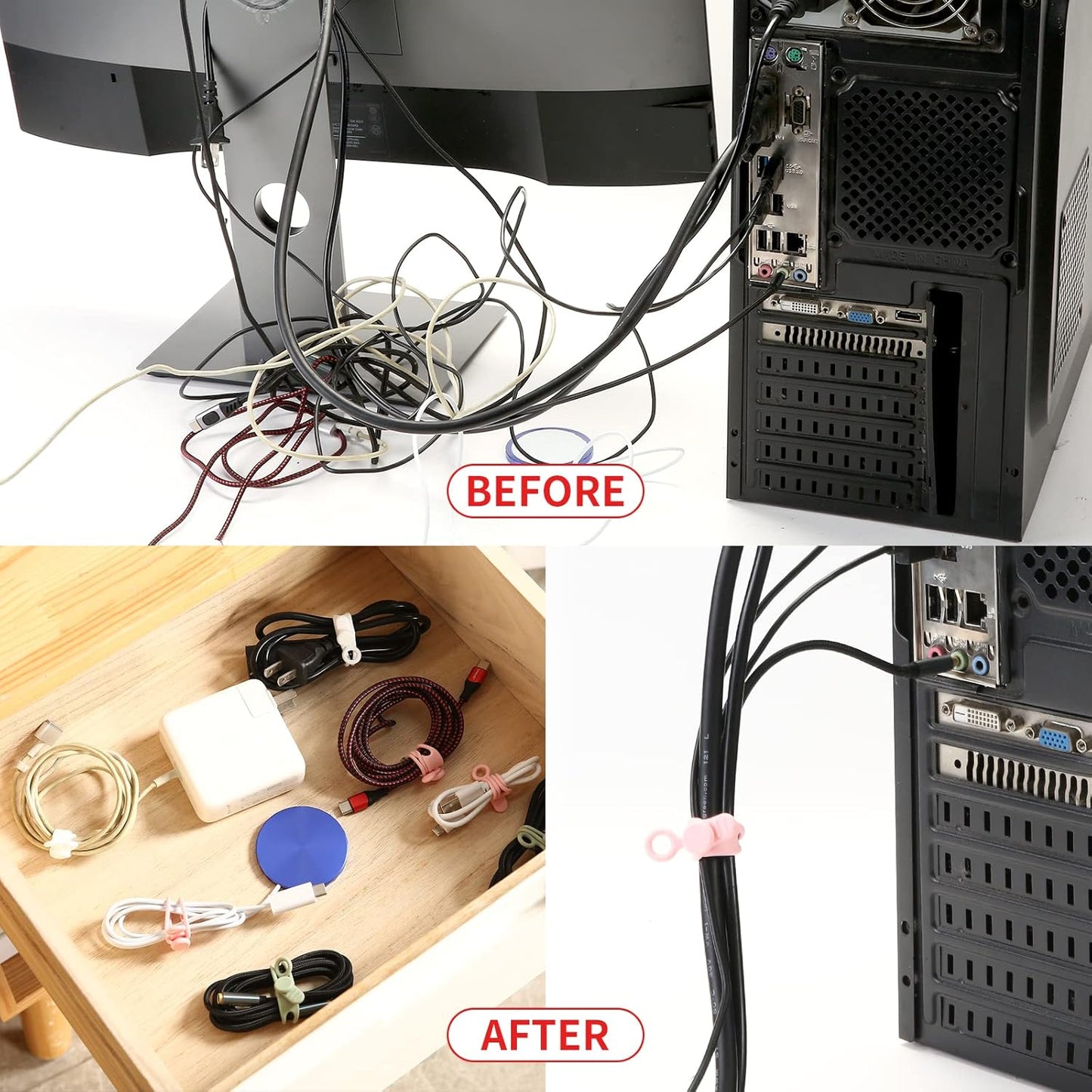 Silicone Cable Straps, 10pcs Extra-Long Reusable Hanging Organizer for Cables, Kitchen, Home, School (Black & White)