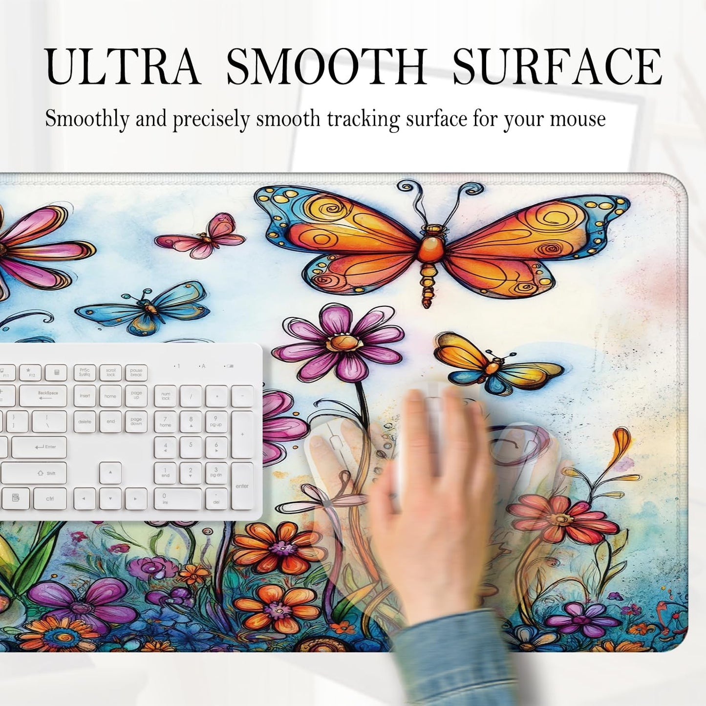 Vintage Hippie Floral Butterfly Large Mouse Pad 31.5x15.7inch, Retro Hippy Flower Butterfly Large Extended Computer Desk Mat Mousepad for Keyboard and Mouse, Flora Desk Accessories