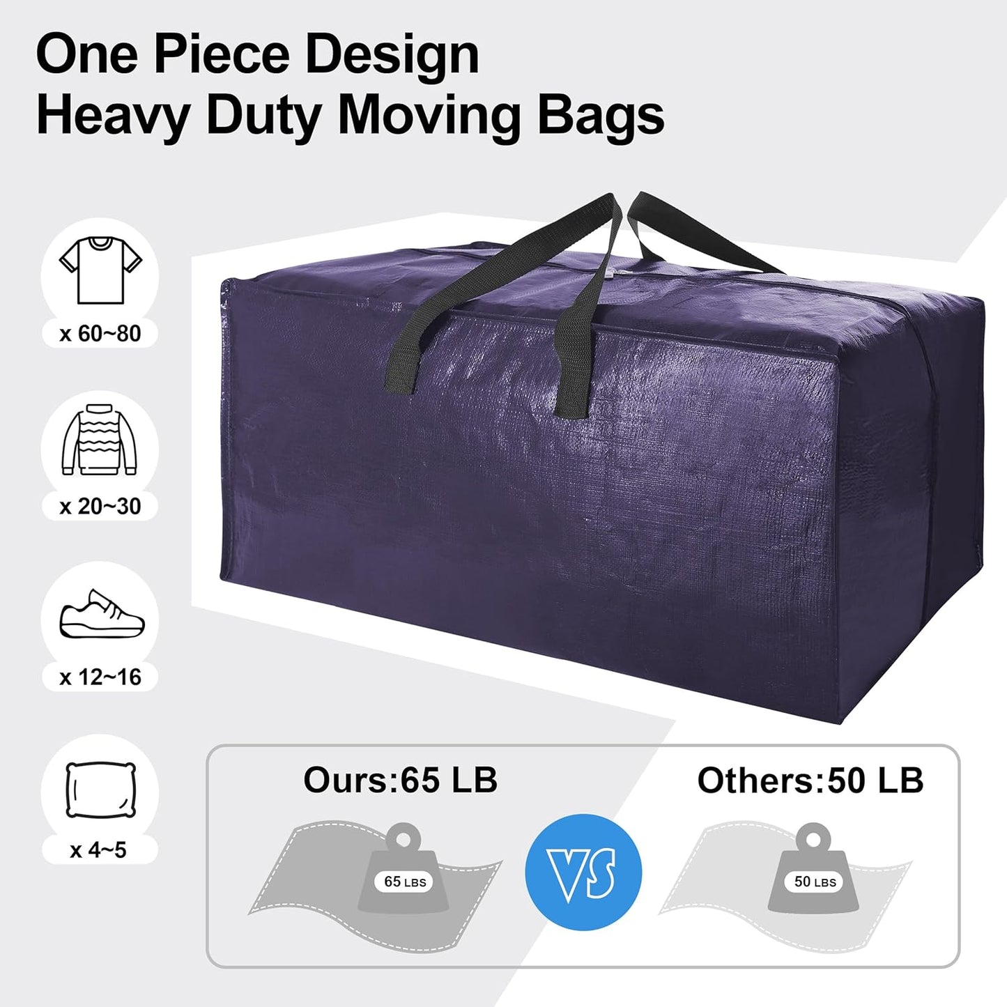 6 Pack Heavy Duty Large Moving Bags W/Backpack Straps - Strong Handles & Zippers, Storage Totes, Fold Flat, Alternative to Moving Box and Storage Bin, Semi-Transparent+Blue+Black