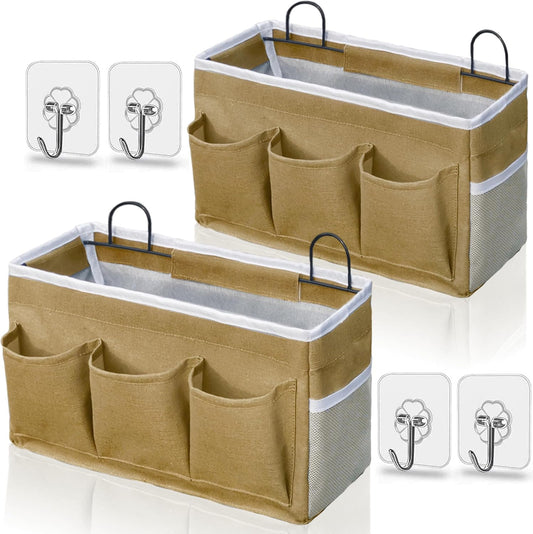 2pcs 3-pockets Large Wall Hanging Organizer Bag, Linen Fabric Door Hanging Storage Baskets with Pockets, Waterproof Bin for Kitchen, Bedroom, Office, RV Camper (Khaki-2pcs)