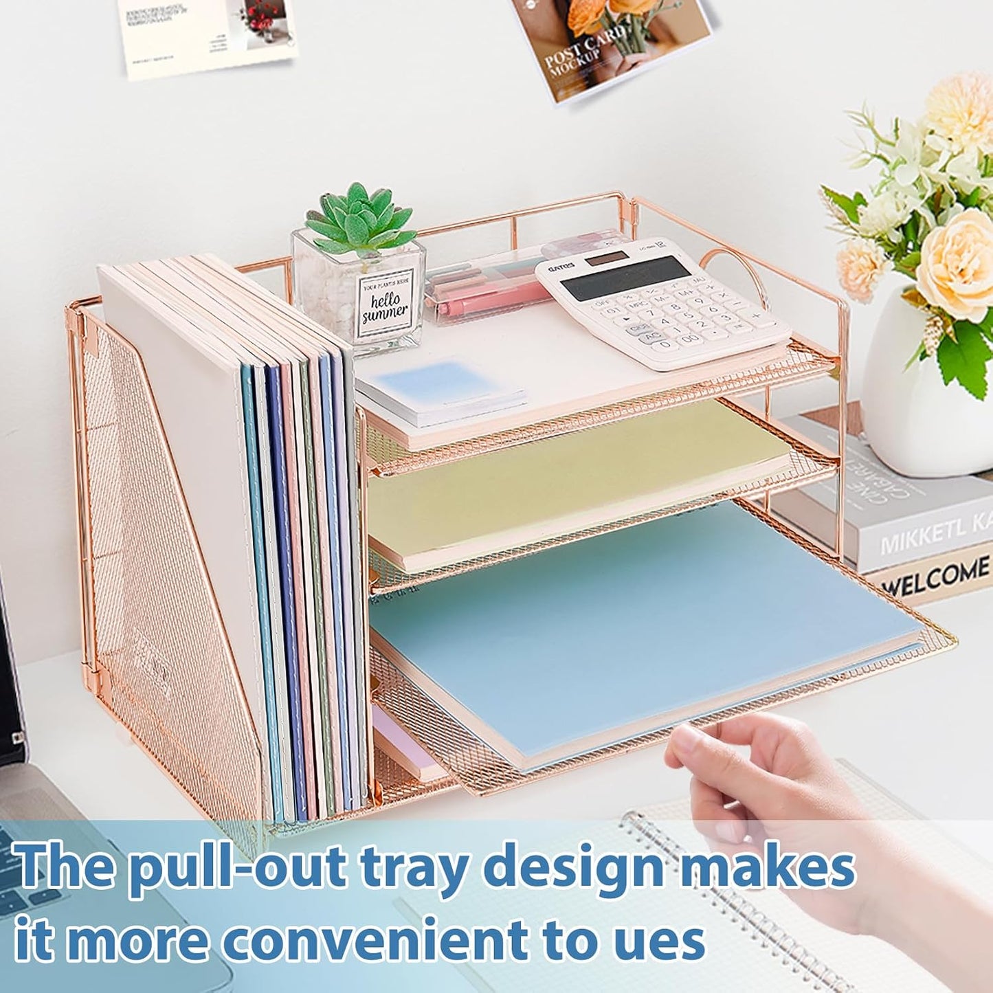 OPNICE 4-Tier Paper Organizer with Magazine Holder, Desk Organizers and Accessories, Office Desk Accessories & Workspace Organizers, Desktop File Organizer for Office Supplies Storage, Rose Gold