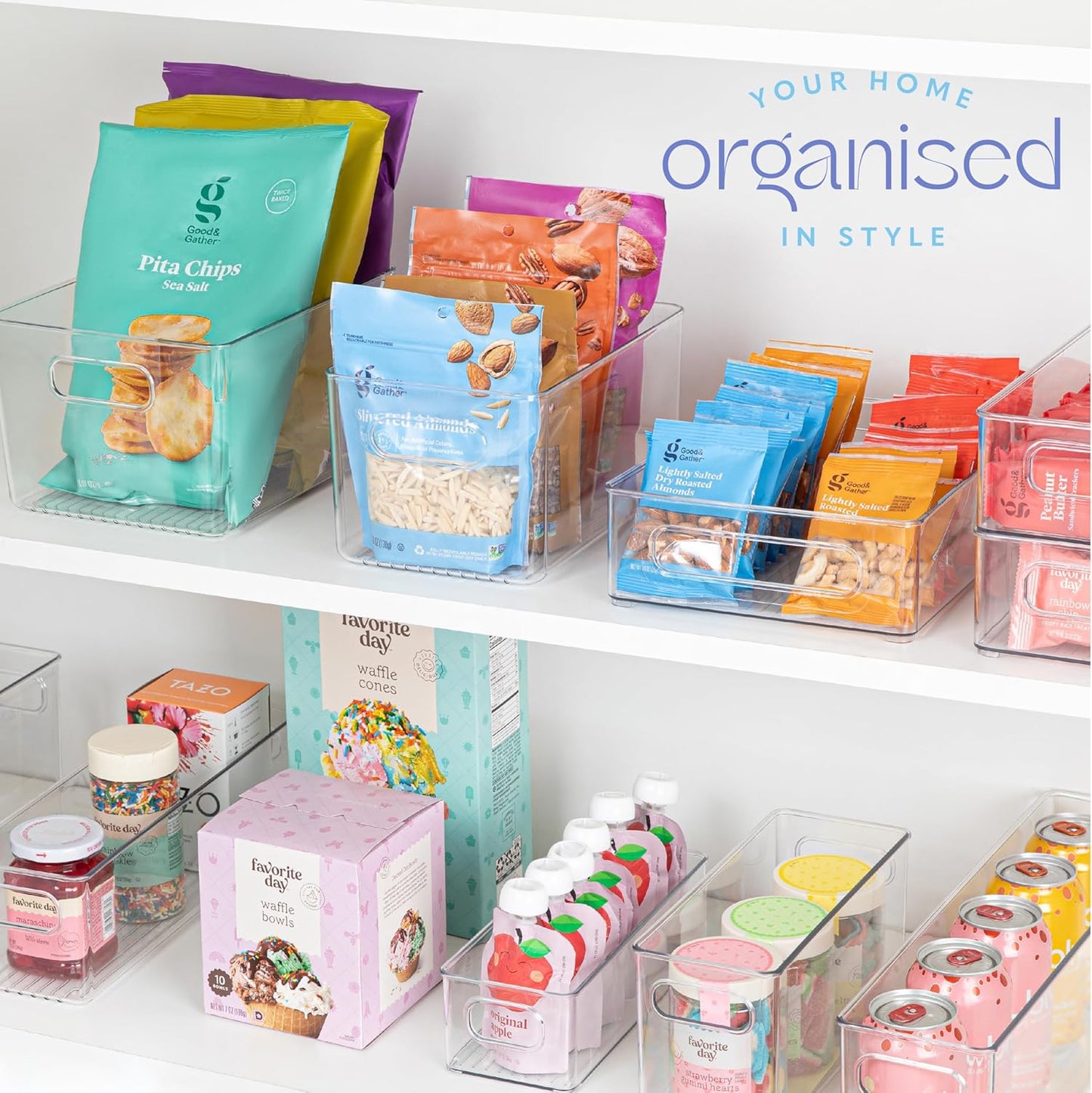 primebox Plastic Food Storage 4 Pack Clear Container Bin with Handles for Organizing Kitchen, Pantry, Fridge, Freezer, Pantry,Bathroom. 10"x6"x5"