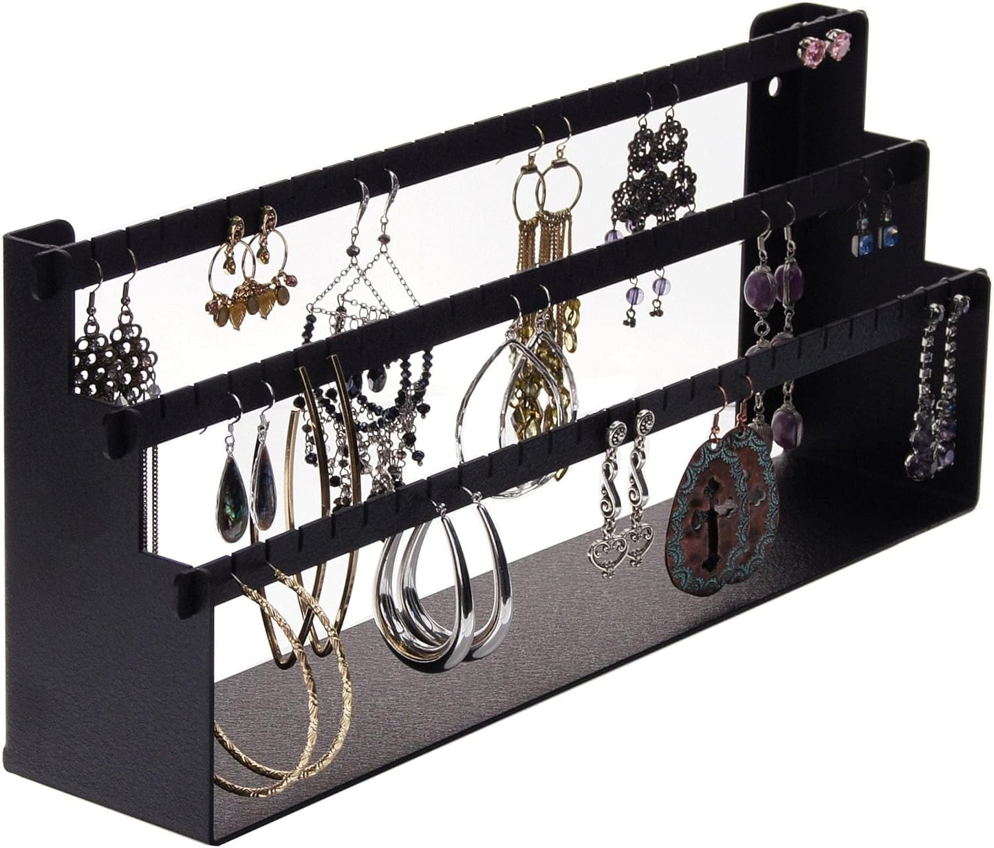 Angelynn's Freestanding or Wall Mounted Earring Holder Organizer Display for Small and Medium Post Stud Dangle Pierced Earrings, Hanging Closet Jewelry Storage Rack, Daelyn Black 6" x14 1/2"