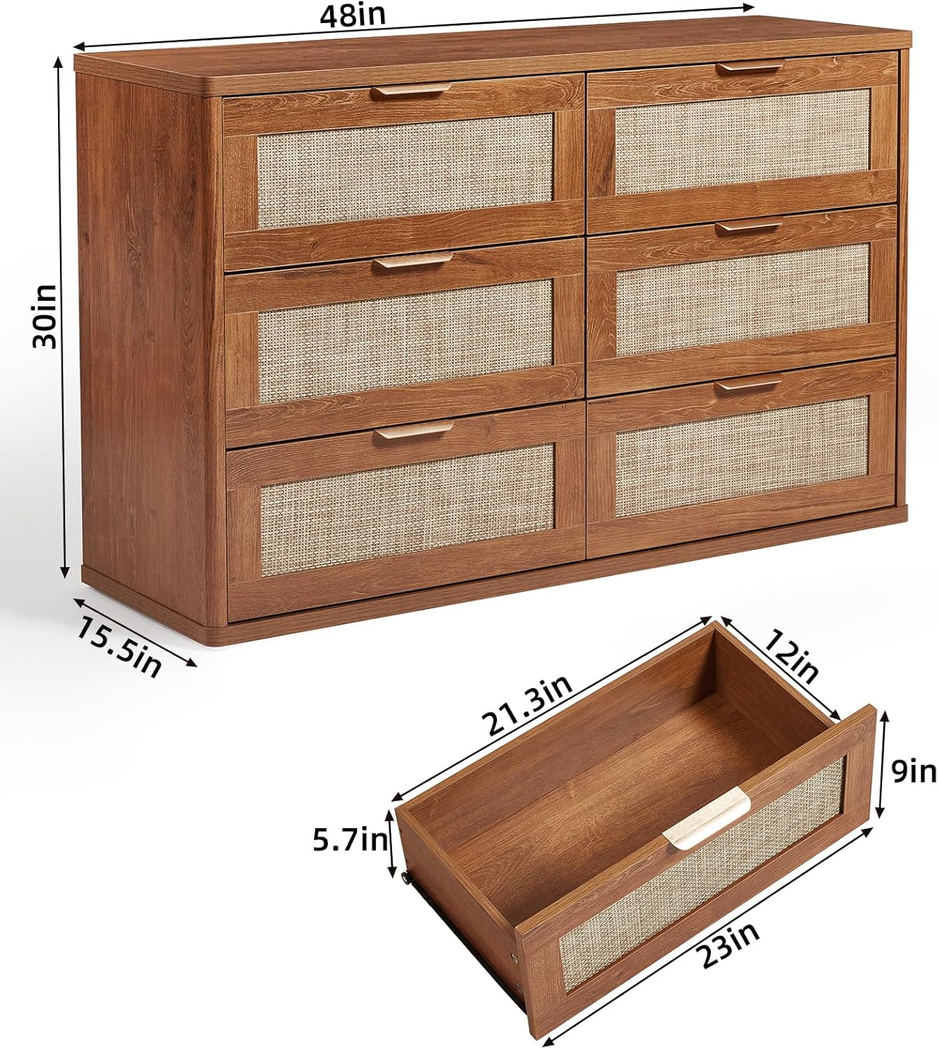 LEYAOYAO Rattan 6 Drawer Dresser for Bedroom, 48" Wide Boho Chest of Drawers, Wooden Dressers TV Stand with Metal Handle, Storage Closet Organizer for Living Room, Hallway, Tea Brown