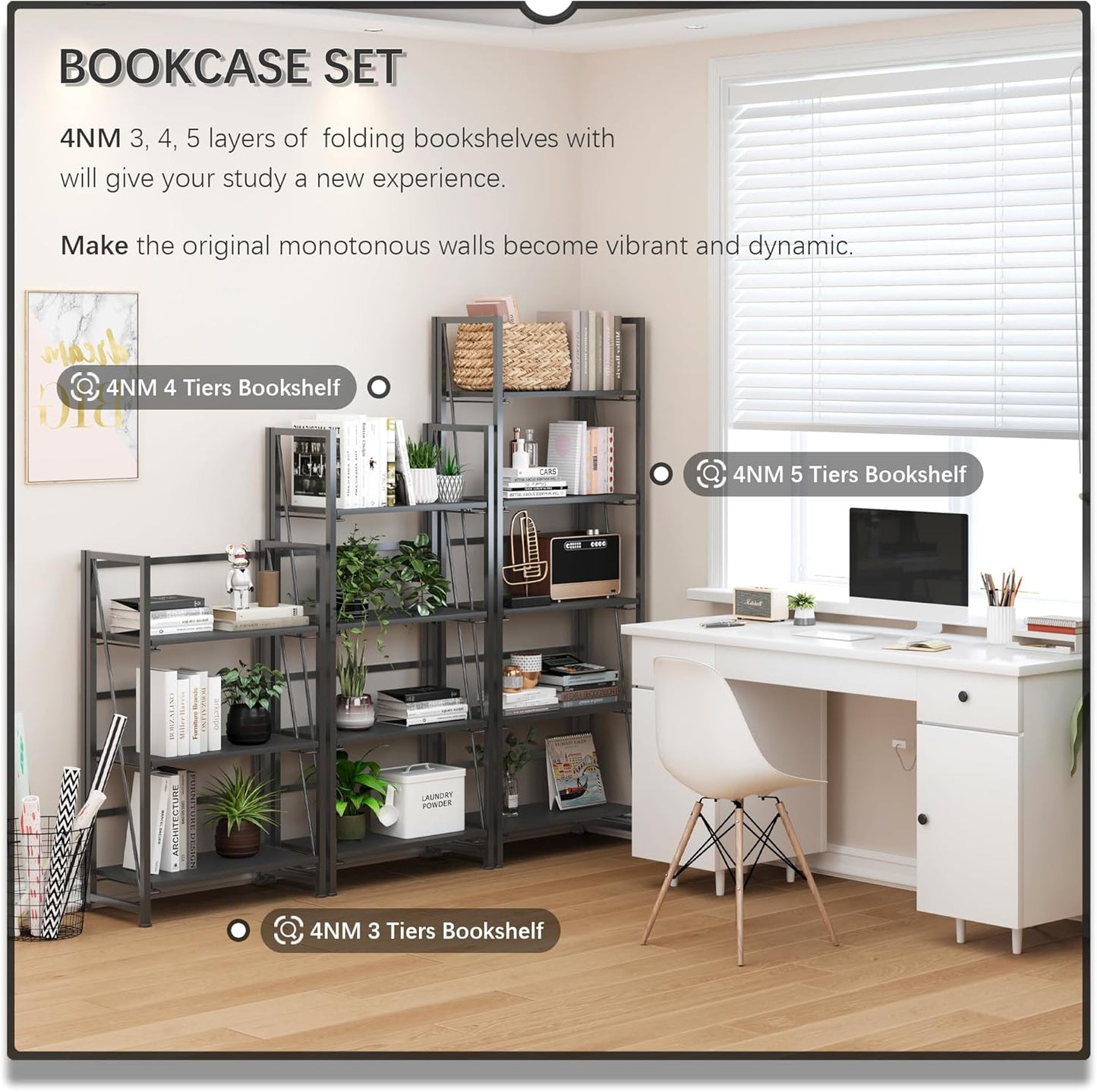 4NM No Assembly Folding Bookshelf Storage Shelves 3 Tiers Vintage Bookcase Standing Racks Study Organizer Home Office (All Black)