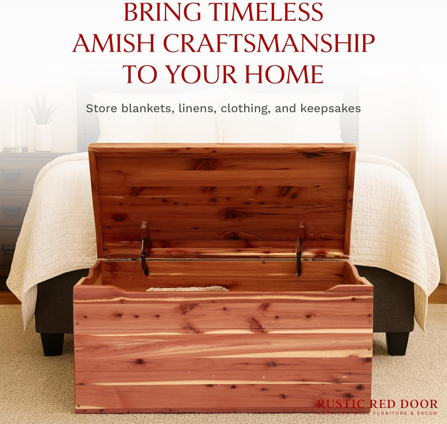 Amish Made Wooden Storage Chest Trunk Box with Lid and Handles for Bedroolanket, Clothes, Anti-Slam Hinges, Handmade, Rustic, Cedar Wood, Natural Stain, 42"
