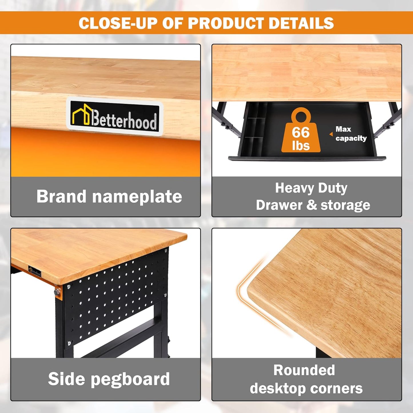 Betterhood 60" Heavy-Duty Adjustable Workbench for Garage, Rubber Wood Shop Table W/Double Pegboards & Drawer,Hardwood Workstation Weight Capacity Over 2000 Lbs