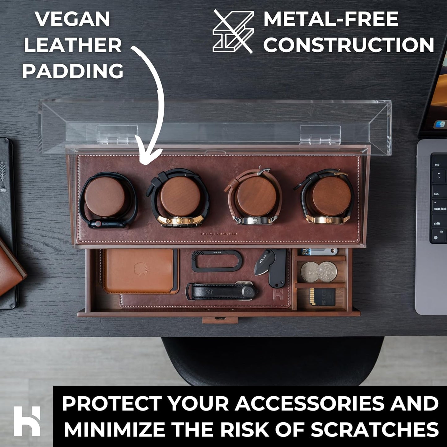 Holme & Hadfield Premium 4 Slot Watch Box for Men - Wooden Watch Display Case with Hinged Cover, Leather Lining & Drawer - Watch Holder Organizer Stand - Handcrafted Luxury Christmas Gift for Men