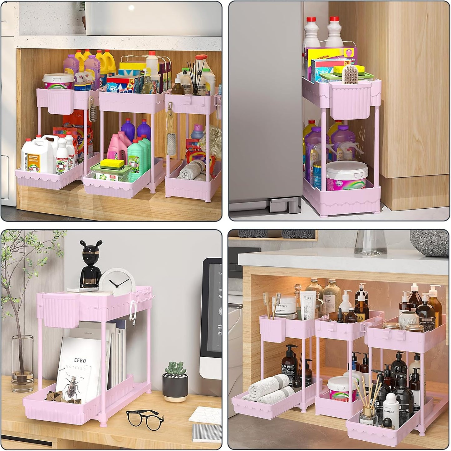 3 Pack Under Sink Organizers, 2-Tier Multi-Use Kitchen and Bathroom Organizers and Storage with Sliding Drawers，Bathroom Cabinet Organizer (Pink, 14.8 Inch)
