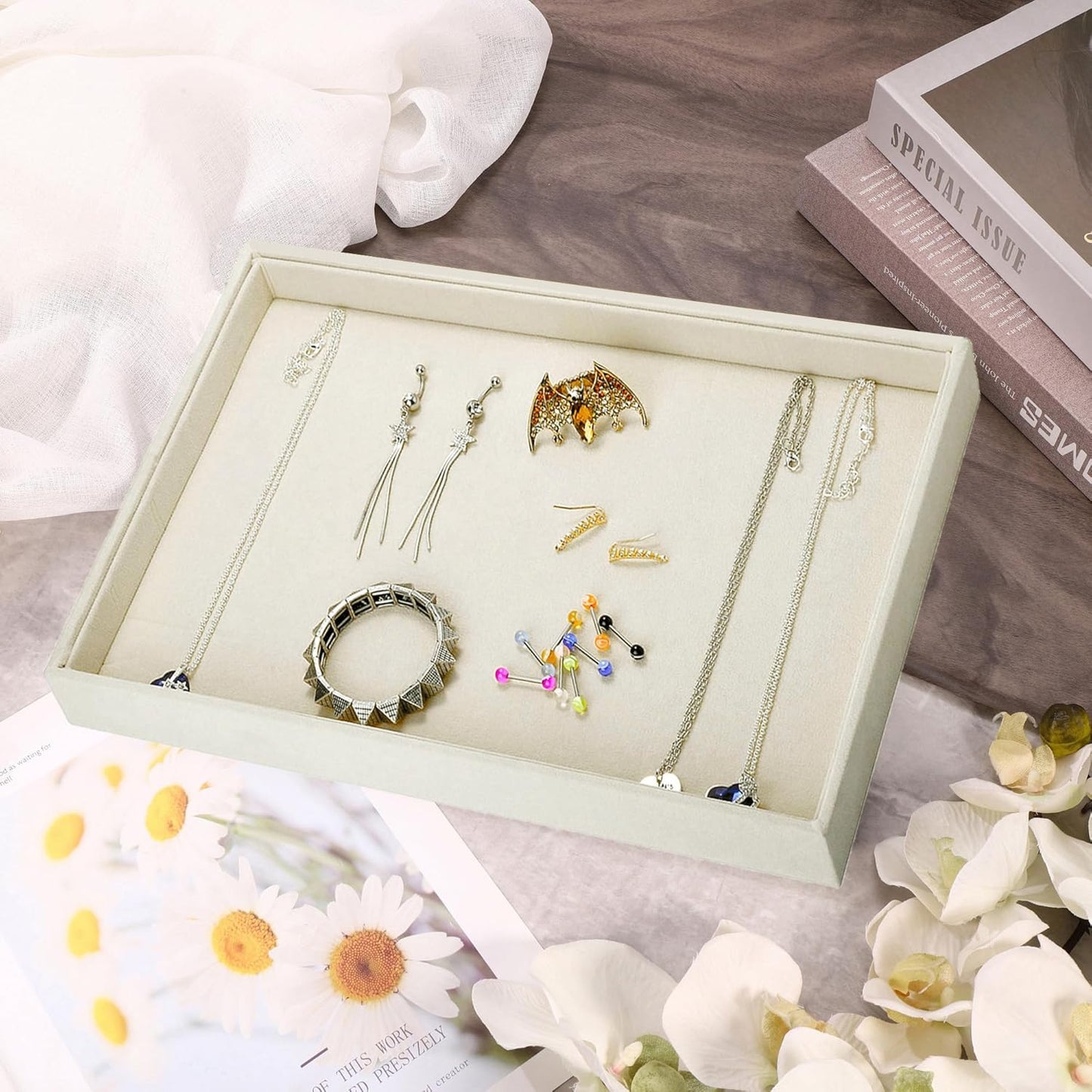 Mornajina 13.8" x 9.5" Velvet Jewelry Tray Jewelry Display Tray, Stackable Empty Plate Trays for Earrings Necklaces Bracelet Rings Display Showcase - Light Khaki