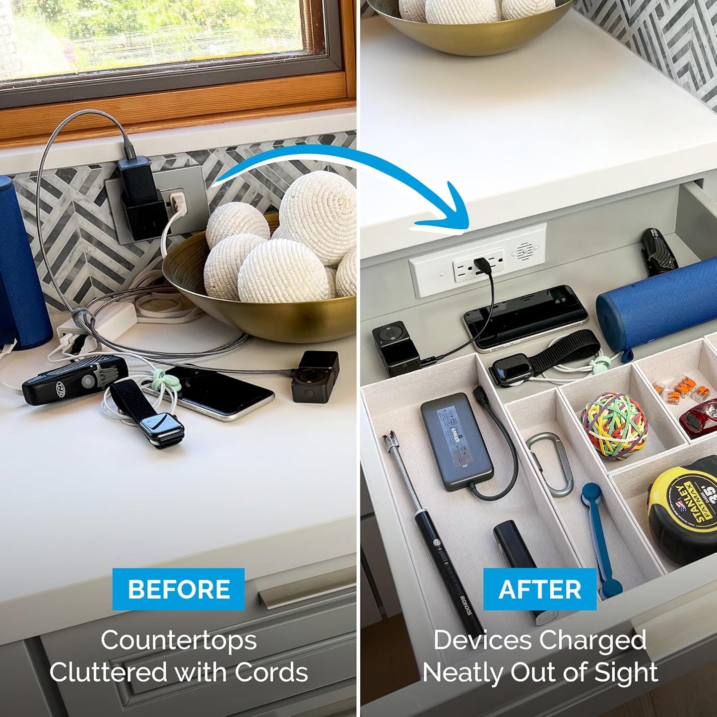 Docking Drawer Blade in-Drawer Outlet, Integrated Safety Shutoff, (2) USB-A & (2) 15 amp AC, Black