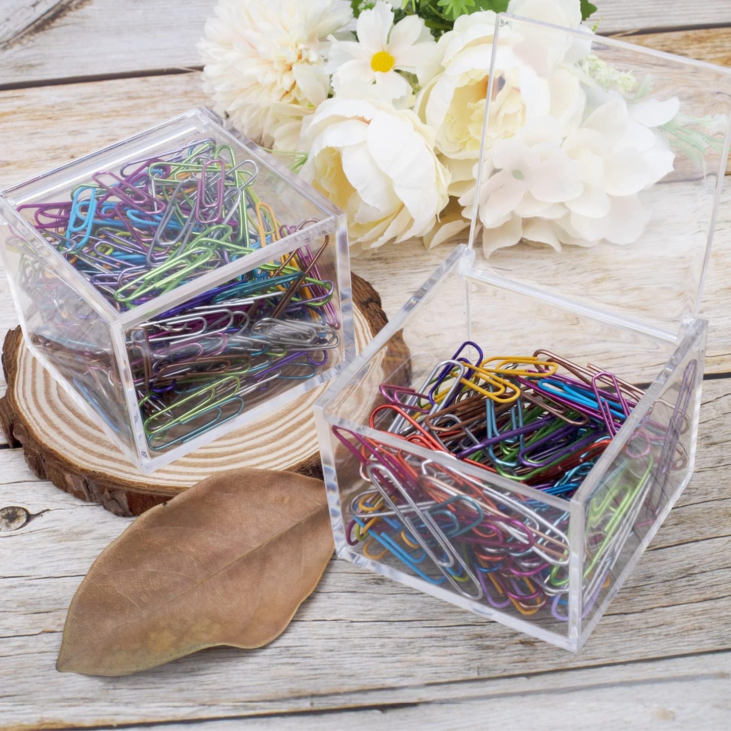 2 Pack Small Clear Acrylic Organizer with Lid for Paper Clips,Sticky Note,Qtip,Cotton Balls,Hair Ties Holder Acrylic Box for Home office Bathroom Desk Organizer